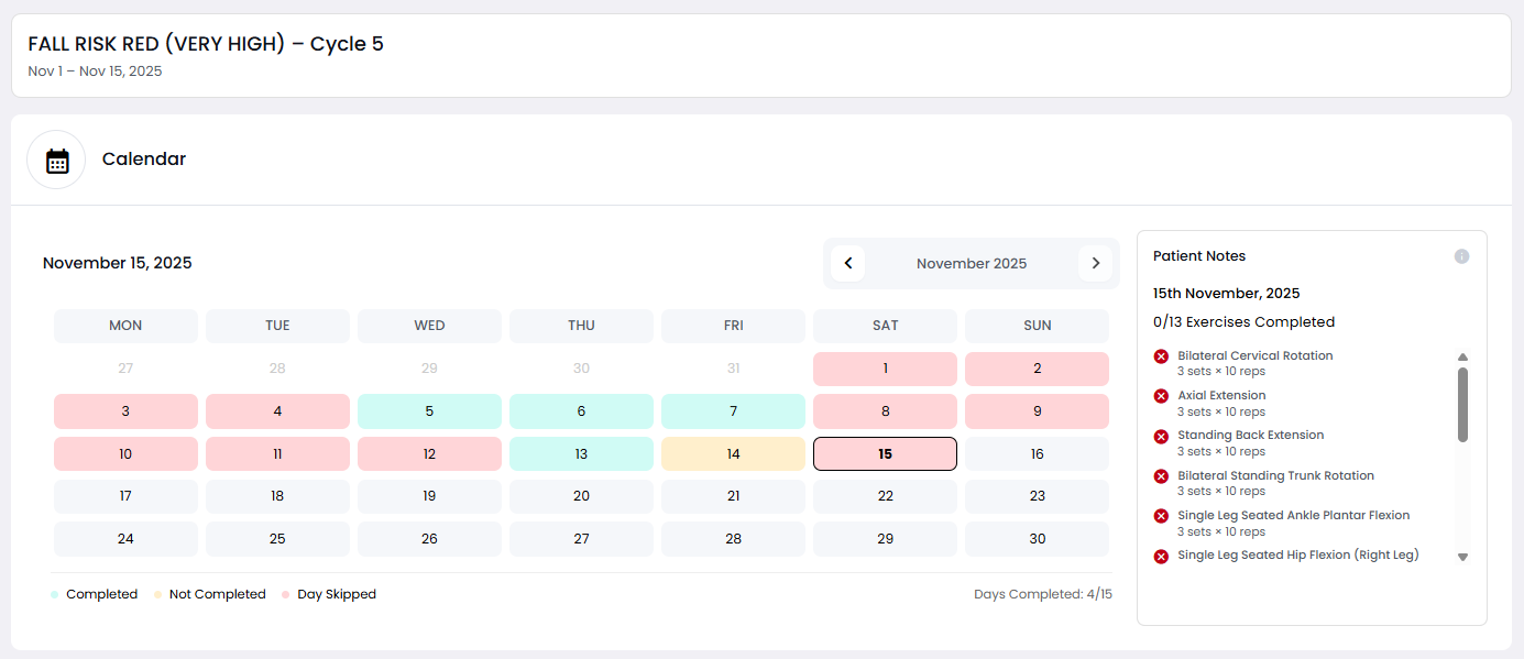 Better Balance care plan calendar showing exercise schedule with fall risk tracking and patient notes