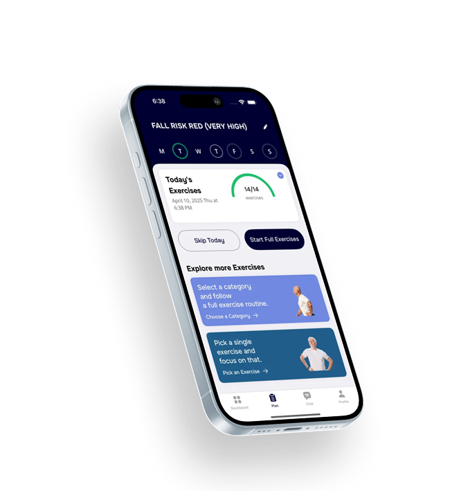 Better Balance mobile app on iPhone showing fall risk assessment, exercise tracking, and health monitoring features